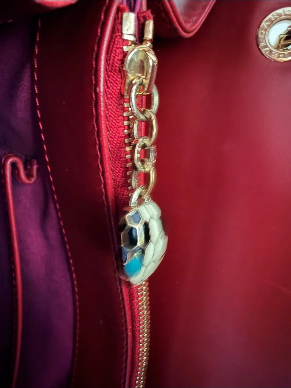BVLGARI Serpenti Forever Ruby Red Leather Shoulder Bag Snake Chain Pristine - Picture 10 of 13